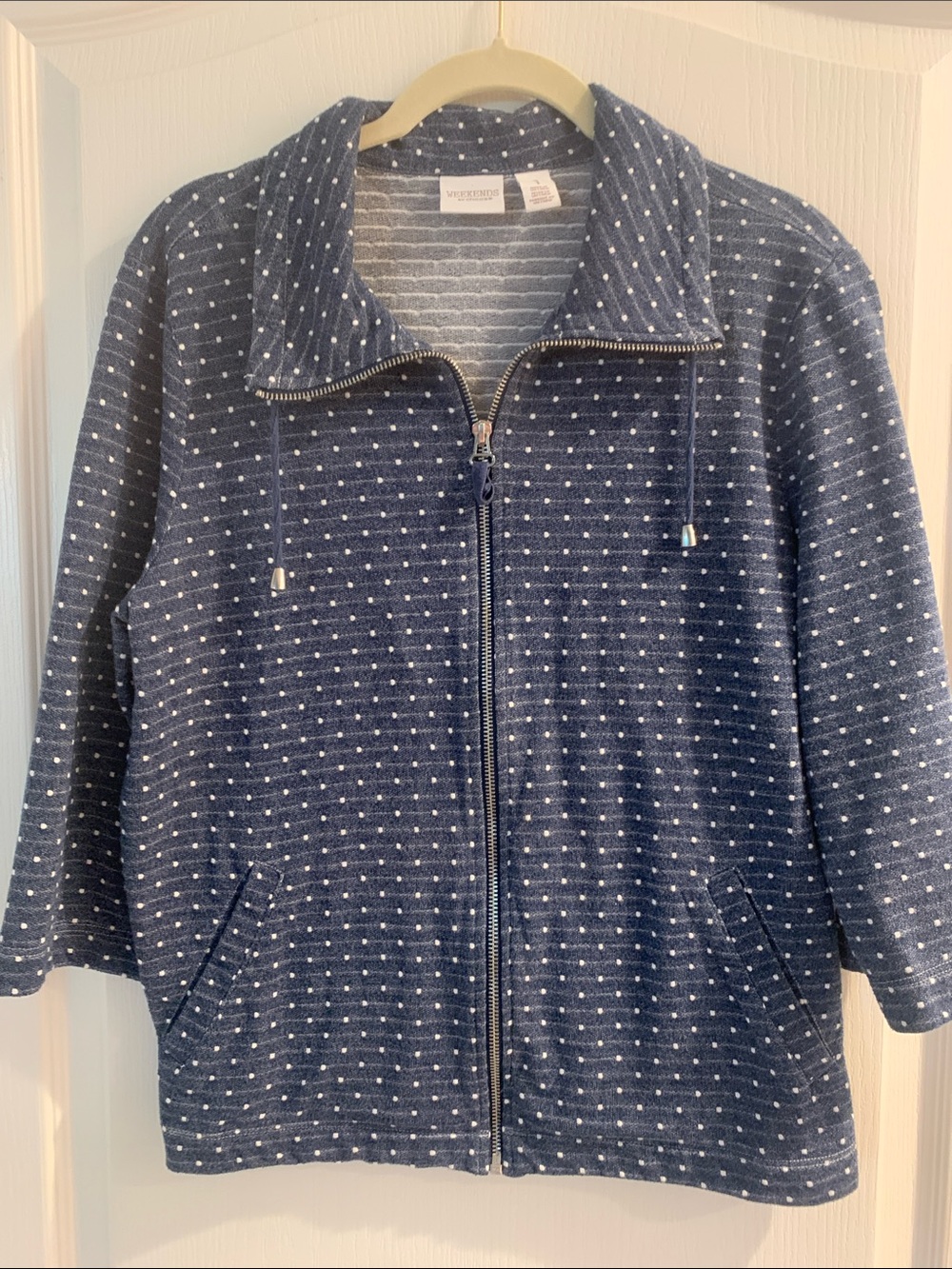 Chico's Navy White Dot Zip-Front Bomber Jacket Size 1